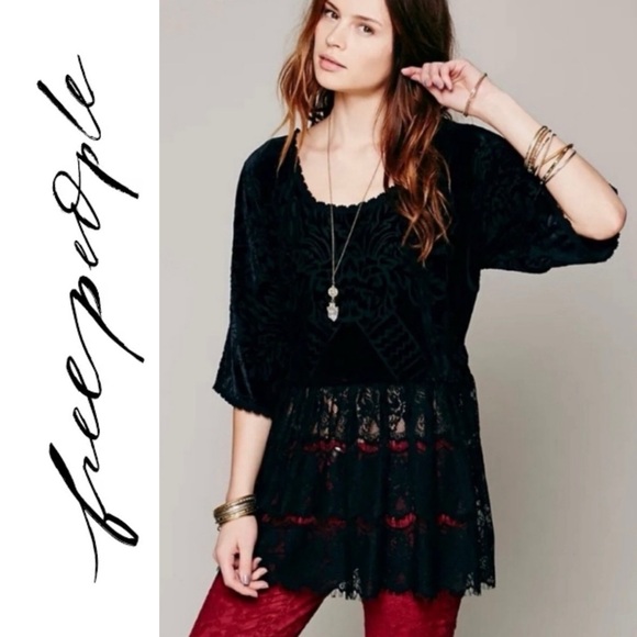 Free People Tops - Free People Fortune Teller Black Velvet Lace Babydoll Tunic Witchy Fairy XS
